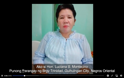<p><strong>NO TO FAKE NEWS</strong>. Luciana Montecino, chairperson of Barangay Trinidad in Guihulngan City, Negros Oriental, debunks the claim by the CPP-NPA that a police officer was killed in her village on Sept. 10, 2022. Montecino said a social media post purportedly by the Leonardo Panaligan Command of the NPA in Central Negros was "fake". <em>(Screengrab from a video of the 62IB, Philippine Army)</em></p>