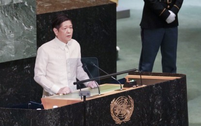<p><strong>77th UNGA.</strong> President Ferdinand Marcos Jr. speaks before world leaders at the 77th United Nations General Assembly in New York on Sept. 21, 2022 (Wednesday, Philippine time). In his speech, Marcos urged UN member-states to support the Philippines' candidature to the international body's Security Council for the term 2027-2028. <em>(OPS photo)</em></p>