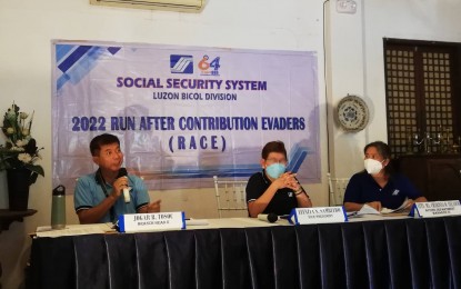 <p><strong>RUNNING AFTER EVADERS</strong>. Social Security System (SSS) officials in the Bicol region answer queries during a press conference on the agency's "Run After Contribution Evaders" (RACE) campaign in six establishments in the 3rd District of Albay on Wednesday (Sept. 22, 2022). Elenita Samblero, SSS vice president for Luzon-Bicol Division (center), said the purpose of RACE is to instill awareness among employers of the various SSS programs and remind them to settle their arrears.<em> (Photo by Connie Calipay)</em></p>