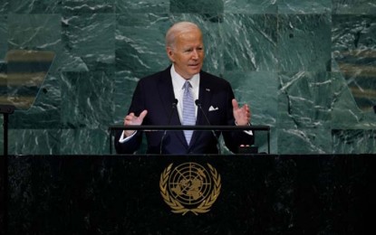 <p>US President Joe Biden delivers a speech during a session of the U.N. General Assembly in New York on Sept. 21, 2022. (<em>Getty/Kyodo)</em></p>