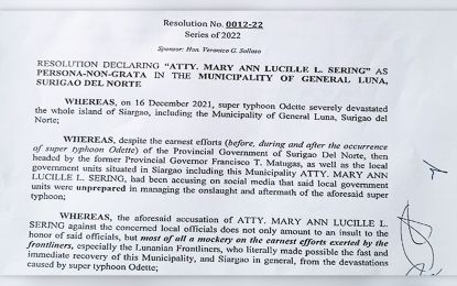 <p><strong>PERSONA NON GRATA.</strong> Three towns in Siargao Island in Surigao del Norte have issued separate resolutions declaring former Climate Change Commission chair Mary Ann Lucille Sering persona non grata after she accused the municipal governments of being unprepared during Typhoon Odette in December 2021. Sering says she remains undaunted, and that her views about the disaster response have not changed. <em>(PNA photo by Alexander Lopez)</em></p>