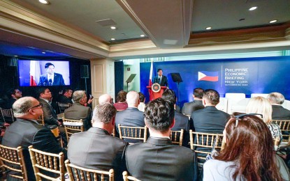 <p><strong>TOP SALESMAN.</strong> President Ferdinand Marcos Jr. addresses the Philippine Economic Briefing at The Carlyle Hotel in New York City, USA on Thursday night, Manila time (Sept. 22, 2022). Witnessed by his economic team, Marcos presented the status of the country’s recovery and discussed Philippine fiscal policies and programs with the international community in the hopes of bringing home more investments to secure economic growth. <em>(Photo courtesy of BBM Facebook) </em></p>