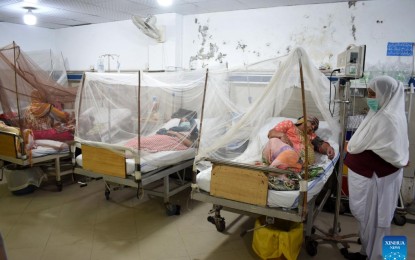 <p>Patients infected with dengue fever are treated inside mosquito nets at a hospital in Lahore, Pakistan, on Sept. 23, 2022. Dengue rampage continues in Pakistan with over 1,000 new cases reported.<em> (Photo by Sajjad/Xinhua)</em></p>