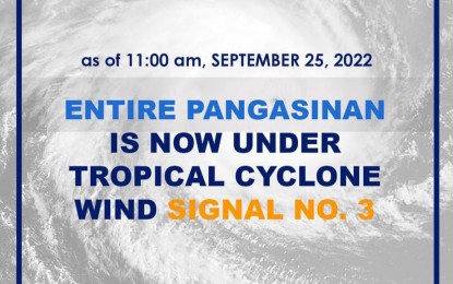 <p><strong>SUPER TYPHOON.</strong> The province of Pangasinan is under Tropical Cyclone Wind Signal No. 3 as of 11 a.m. on Sunday (Sept. 25, 2022) due to Super Typhoon Karding. Gov. Ramon Guico III has suspended Monday's classes in both public and private schools, as well as work in government offices except for those involved in frontline services.<em> (Image courtesy of PDRRMO Pangasinan)</em></p>