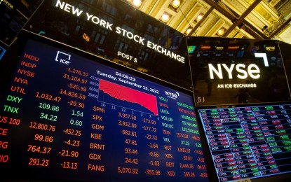 <p>A monitor displays stock market information at the New York Stock Exchange (NYSE) in New York, the United States, Sept. 13, 2022.<em>(Photo by Michael Nagle/Xinhua)</em></p>