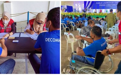 <p><strong>MILF DECOMMISSIONING.</strong> Department of Social Welfare and Development workers interview MILF combatants (left) during the last phase of the decommissioning process of MILF combatants in Barangay Simuay, Sultan Kudarat, Maguindanao, on Tuesday (Sept. 27, 2022). Another photo (right) showed an MILF PWD being escorted to the venue by a DSWD personnel. <em>(Photos courtesy of OPAPRU)</em></p>