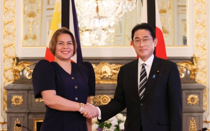 <p><strong>STRENGTHENING TIES</strong>. Vice President Sara Duterte shakes hands with Japanese Prime Minister Fumio Kishida during a courtesy call on Monday (Sept. 26, 2022). Both the Philippines and Japan expressed commitment to further strengthening ties in the areas of infrastructure, education, agriculture, and long-lasting peace. <em>(Photo Courtesy: Ministry of Foreign Affairs of Japan)</em></p>