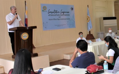 <p><strong>HOG AND LIVESTOCK MEETING</strong>. Negros Occidental Governor Eugenio Jose Lacson speaks before the hog and livestock industry stakeholders in the province during a consultative conference at the Capitol Social Hall in Bacolod City on Tuesday (Sept. 27, 2022). For an agriculture province like Negros Occidental, he said the development of these sectors is of primary importance.<em> (Photo courtesy of PIO Negros Occidental)</em></p>