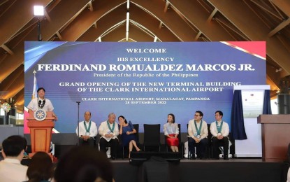 <p><strong>GRAND OPENING.</strong> President Ferdinand R. Marcos Jr. delivers his message as he leads the grand opening of the Clark International Airport new terminal building in Clark Freeport, Pampanga on Wednesday (Sept. 28, 2022). He cited the importance of public-private partnership in delivering crucial infrastructure developments in the country. <em>(Photo courtesy of BCDA)</em></p>