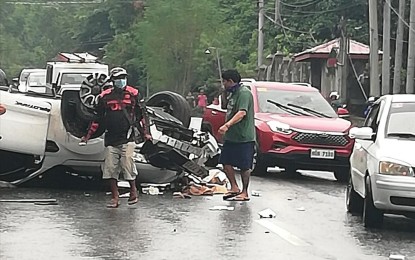 <p><strong>MISHAP.</strong> Vehicular traffic incidents happen on major highways due to several reasons like this accident along a national highway in Bacnotan, La Union in this undated photo. Capt. Jeremias Toyokan, chief of police of Tuba town, Benguet, which has jurisdiction over four major highways leading to Baguio City said 34 of the 54 incidents recorded by their office from January to Sept. 15 this year are vehicular accidents. <em>(PNA file photo)</em></p>