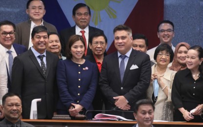 <p><strong>ALL SMILES.</strong> Department of Budget and Management Secretary Amenah Pangandaman (right), and Department of Foreign Affairs Secretary Enrique Manalo earn on Wednesday (Sept. 28, 2022) their appointment confirmations from the Commission on Appointments. Also confirmed were 23 Filipino diplomats and a member of the Judicial and Bar Council. <em>(PNA photo by Avito Dalan)</em> </p>