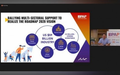 <p><strong>NEW ROADMAP.</strong>  Information Technology and Business Process Association of the Philippines (IBPAP) Jack Madrid presents the industry roadmap for 2028 in a press briefing on Wednesday (Sept. 28, 2022). The IT-BPM sector eyes to increase revenue to USD59 billion and 2.5 million employees over the next six years. <em>(Screenshot from IBPAP press briefing)</em></p>