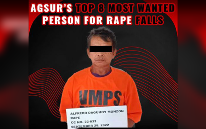 <p><strong>COLLARED.</strong> Cops arrest a 58-year-old rape suspect in Veruela town, Agusan del Norte, on Thursday (Sept. 29, 2022). The man has been hiding for two years before his arrest. <em>(Photo courtesy of PRO-13)</em></p>