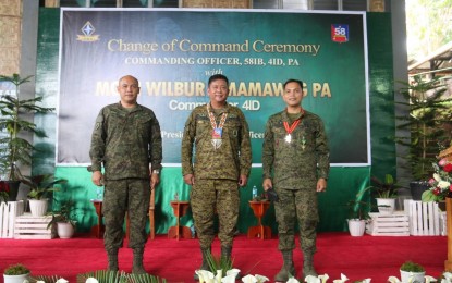 <p><strong>CHANGE OF COMMAND</strong>. Maj. Gen. Wilbur Mamawag (center), commander of the 4th Infantry Division, leads the change of command at the 58th Infantry Battalion headquarters in Claveria, Misamis Oriental on Friday (Sept. 30, 2022). Mamawag said Saturday (Oct. 1, 2022) the change of leadership would continue the gains of the Army against the communist rebels. <em>(Photo courtesy of 58IB-4ID)</em></p>