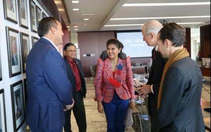 <p><strong>STRONGER TIES.</strong> Senator Imee Marcos (center) meets with American diplomats in a forum at the Center for Strategic and International Studies in Washington D.C. on Sept. 26, 2022. During the discussions, Marcos laid out her foreign policy plans that included dialogues regarding the South China Sea dispute without harming the Philippine-US relations. <em>(Courtesy of Sen. Imee Marcos)</em></p>