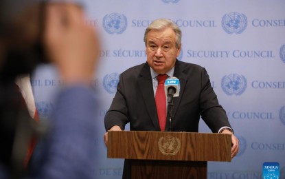 <p><strong>CLIMATE ACTION</strong>. UN Secretary-General Antonio Guterres speaks to reporters at the UN headquarters in New York, Oct. 3, 2022. Guterres on Monday called on all countries to make climate action a global priority.<em> (Xinhua/Xie E)</em></p>