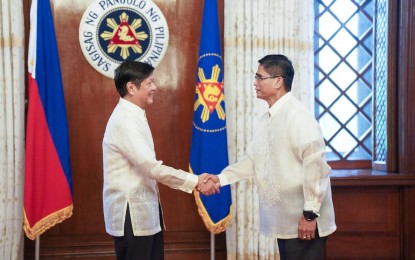 <p><strong>NEW NTF-ELCAC EXEC</strong>. Retired Lt. Gen. Emmanuel Salamat thanks President Ferdinand “Bongbong” Marcos Jr. after his taking his oath of office as executive director of the National Task Force to End Local Communist Armed Conflict at Malacañang Palace on Wednesday (Oct. 5, 2022). Marcos also administered the oath of office to Negros Oriental Governor Roel Degamo and officers of Malacañang Cameramen Association and Presidential Photojournalists Association. <em>(Photo courtesy of PBBM Facebook page)</em></p>