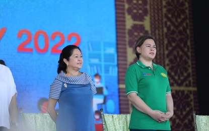 <p><strong>HONORING TEACHERS</strong>. Vice President and Education Secretary Sara Duterte (right) joins First Lady Marie Louise Araneta-Marcos as they celebrate World Teachers' Day at the Abra Sports Complex on Wednesday (Oct. 5, 2022). Duterte emphasized the importance of honoring the "dedication and integrity" of teachers nationwide. <em>(Photo courtesy of DepEd)</em></p>