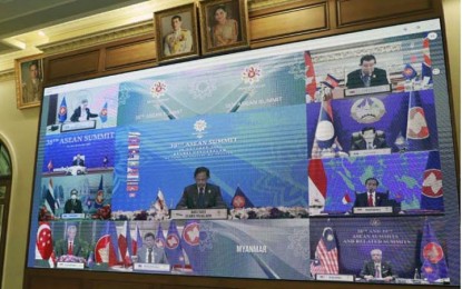 <p>An online summit meeting of the Association of Southeast Asian Nations is held on Oct. 26, 2021, without a representative from Myanmar. <em>(Photo courtesy of the Thai prime minister's office)(Kyodo)</em></p>