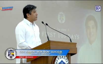 <p><strong>FIRST 100 DAYS</strong>. Pangasinan governor Ramon Guico III delivers his speech for his first 100 days in office on Friday (Oct. 7, 2022). Guico's first 100 days were focused on the establishment of key offices and agreements with other agencies.<em> (Photo screenshot from the Province of Pangasinan's Facebook page)</em></p>