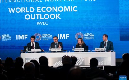 <p><strong>GLOBAL ECONOMY.</strong> IMF chief economist Pierre-Olivier Gourinchas (2nd left) speaks at a press conference in Washington, D.C., the United States, on Oct. 11, 2022. The International Monetary Fund (IMF) on Tuesday (Oct. 11, 2022) projected the global economy to grow by 3.2 percent this year and 2.7 percent in 2023, with a downward 0.2-percentage-point revision for 2023 from the July forecast, according to the latest World Economic Outlook (WEO) report. <em>(Xinhua/Liu Jie)</em></p>