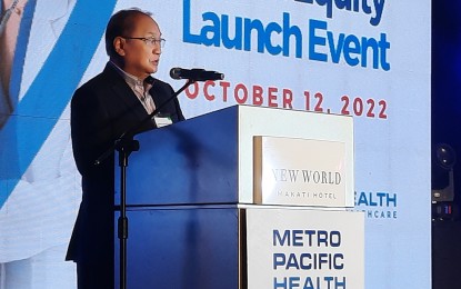 <p><strong>REBRANDING</strong>. Metro Pacific Investments Corp. chairman Manuel V. Pangilinan delivers his speech during the brand equity launch of Metro Pacific Health at the New World Hotel in Makati City Thursday (Oct. 12, 2022). Formerly Metro Pacific Hospital Holdings, Inc., the network of healthcare facilities will now be called Metro Pacific Health. <em>(PNA photo by Kris Crismundo)</em></p>