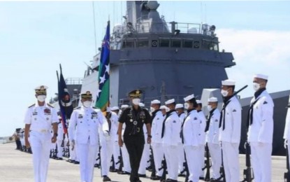 <p><strong>NAVAL DRILLS</strong>. The opening ceremony of the Philippines’ first-ever simultaneous naval exercises with the United States and Australia led by Armed Forces chief Lt. Gen. Bartolome Vicente Bacarro at the Naval Forces Central in Lapu-Lapu City, Cebu on Tuesday (Oct. 11, 2022). A “no sail zone” has been declared in the seawaters of the southernmost localities in Negros Island until Oct. 18. <em>(Photo courtesy of Armed Forces of the Philippines)</em></p>
