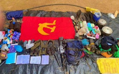 <p><strong>NPA WAR MATERIEL.</strong> Government forces seize firearms and water matériel in a communist rebel encampment in Lake Sebu, South Cotabato, following a brief clash on Wednesday (Oct. 12, 2022). Seized from the captured New People's Army hideout include a firearm, bomb-making materials, ammunition, and documents. <em>(Photo courtesy of 6ID)</em></p>