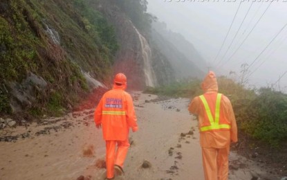 <p><strong>ROAD CLOSED.</strong> The Pagudpud highway in Ilocos Norte is temporarily closed on Sunday (Oct. 16, 2022) as typhoon “Neneng” batters Luzon. Clearing operations will resume once the weather permits. <em>(Photo courtesy of DPWH)</em></p>