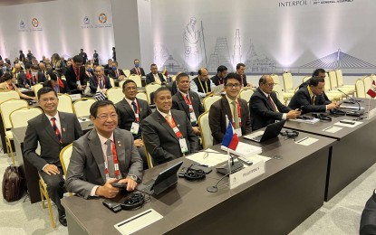 <p><strong>INTERPOL MEET.</strong> PNP chief Gen. Rodolfo Azurin Jr. (seated, 2nd from left) leads the Philippine delegation to the 90th General Assembly of the International Criminal Police Organization (Interpol) in India on Tuesday (Oct. 18, 2022). The event's agenda include discussions on the future of policing; policing initiatives on financial crime, anti-corruption, cybercrime, crimes against children, and DNA database of missing persons; Interpol Global Crime Trends Report; and Executive Committee Elections. <em>(Photo courtesy of PNP)</em></p>