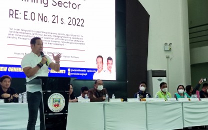 <p><strong>SUSPENSION HALTED</strong>. Bulacan Governor Daniel Fernando announces the temporary lifting of the suspension of mining and quarry operations in the province, during his meeting with the truckers association and those involved in the mining sector on Thursday (Oct. 20, 2022). He lifted the suspension as he released the new Implementing Rules and Regulations based on the environmental code that the concerned sectors must comply with.<em> (Photo by Manny Balbin)</em></p>