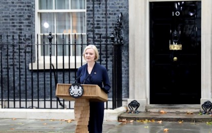 <p>United Kingdom Prime Minister Liz Truss makes a statement outside 10 Downing Street in London, Britain on Oct. 20, 2022. <em>(Xinhua photo/Li Ying)</em></p>