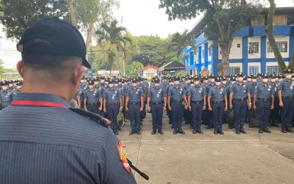 <p><strong>FESTIVAL SECURITY</strong>. Some of the police augmentation personnel from various units in Western Visayas during their arrival at the Bacolod City Police Office headquarters on Thursday (Oct. 20, 2022). They are among the 2,174 policemen who will secure the three-day highlights of the 43rd Masskara Festival until October 23.<em> (Photo courtesy of Bacolod City Police Office)</em></p>