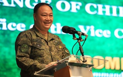 <p>Newly-installed Army vice commander Maj. Gen. Adonis R. Bajao delivers his assumption speech at the Philippine Army Officers Club House, Fort Bonifacio on October 19, 2022. <em>(Photo courtesy of Philippine Army)</em></p>