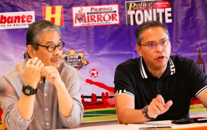 <p><strong>GRASSROOTS SPORTS</strong>. Southeast Asian Games champion swimmer Eric Buhain (right) discusses the programs of the Congress of Philippine Aquatics, Inc. during the Tabloids Organization in Philippine Sports Forum in September. With him is veteran coach Pinky Brosas. <em>(Contributed file photo)</em></p>