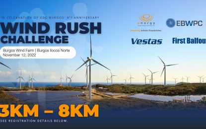 <p><strong>WIND RUSH CHALLENGE</strong>. The Burgos wind farm will open its gates to running enthusiasts on Nov. 12, 2022 for a run-for-a-cause activity. Registration is ongoing. <em>(Image courtesy of Wind Rush Challenge: Fun Run for a Cause)</em></p>