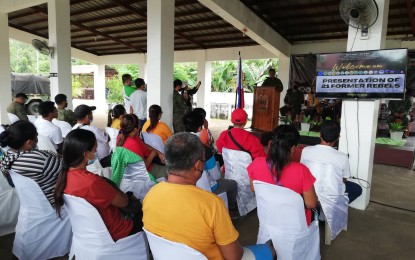 <p><strong>NEW LIVES</strong>. At least 21 members of the Communist Party of the Philippines-New People's Army (CPP-NPA) surrendered in Sorsogon on Thursday (Oct. 27, 2022). Brig. Gen. Aldwine Almase, 903rd Infantry Brigade commander, said the welcome ceremony for the former rebels shows the government is continually giving a second chance to those who want to lead new lives.<em> (PNA photo by Connie Calipay)</em></p>