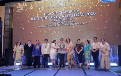 <p><strong>BACK-TO-BACK WIN</strong>. Iloilo’s Dinagyang Festival 2020 is recognized as the grand champion in the Best Tourism Event (Festival) As Contemporary/Non-Traditional Expression category during the Association of Tourism Officers of the Philippines (ATOP) Pearl Award held in Tagaytay City on Thursday (Oct. 27, 2022). The 2021 edition of the festival won the Best Tourism Practice During the Pandemic, a lone award during the ATOP special edition held last year, Iloilo Festivals Foundation, Inc. executive director Joyce Clavecillas said in an interview on Friday (Oct. 28, 2022). <em>(Photo courtesy of Junel Ann Divinagracia)</em></p>