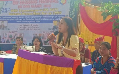 <p><strong>IMPLEMENT IP PROGRAMS. J</strong>ennifer Dublas, the National Commission on Indigenous Peoples (NCIP) for Central Mindanao, appeals to the IP leaders of Tampakan town in South Cotabato on Friday (Oct. 28, 2022) to work on the implementation of the 11 building blocks for resilient and responsive IP communities. The NCIP official appealed to the '7th Gu Sasleng Festival du dad Blaan' and Commemoration of the 25th Anniversary of RA 8371 (Indigenous Peoples Right Act of 1997) in Tampakan. <em>(Photo courtesy of Mikhael Solano)</em></p>