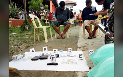 <p><strong>NABBED</strong>. The two men carrying PHP1 million worth of shabu confiscated by policemen at a checkpoint in Babatngon, Leyte on Thursday (Oct 27, 2022). The two are included on the list of high-value targets. <em>(Photo courtesy of Ioannes Omang)</em></p>