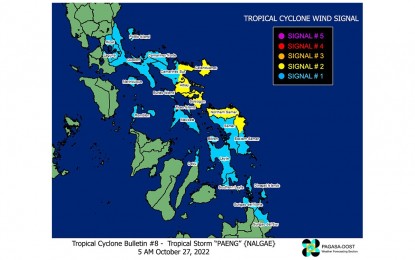 <p><strong>BAD WEATHER</strong>. The country's map shows areas with storm warning signals as of Friday morning (Oct. 28, 2022). Classes and work were suspended by some local government units in Eastern Visayas as Tropical Storm Paeng dumped heavy rains. <em>(PAGASA image)</em></p>