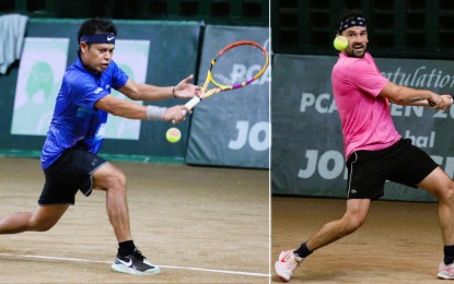 <p><strong>TITLE CLASH.</strong> Defending champion Johnny Arcilla (left) outlasts unseeded Guillermo Olaso of Spain, 7-5, 1-6, 6-1, 3-6, 6-4, to bag his 10th Philippine Columbian Association Open men’s title at PCA indoor shell court in Paco, Manila on Sunday (Oct. 30, 2022). The 42-year-old Arcilla bagged PHP200,000. <em>(PNA photo by Avito Dalan)</em></p>
