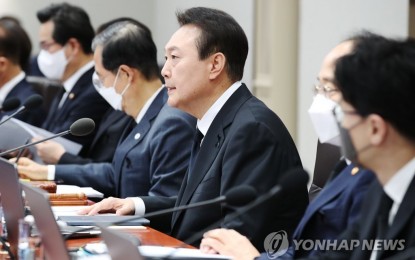 <p>President Yoon Suk-yeol speaks during a Cabinet meeting at the presidential office in Seoul on Nov. 1, 2022. <em>(Pool photo/Yonhap)</em></p>