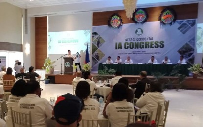 <p><strong>IRRIGATORS’ CONGRESS</strong>. Administrator Benny Antiporda of the National Irrigation Administration speaks before the members of various irrigators’ associations (IAs) in Negros Occidental during the Provincial IA Congress held at the Sugarland Hotel in Bacolod City on Monday (Nov. 7, 2022). During the event, the Negros Occidental Federation of Irrigators’ Associations signed a pledge of commitment to support President Ferdinand R. Marcos Jr.’s agricultural flagship program, Masagana 150 and Masagana 200, to achieve rice sufficiency in the country. <em>(Photo courtesy of PIA-Negros Occidental)</em></p>