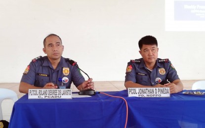<p><strong>ANTI-CRIMINALITY DRIVE.</strong> Col. Jonathan Pineda (right), director of the Negros Oriental Provincial Police Office, is shown in this file photo along with Lt. Col. Roland Lavisto, chief of the Police Community Affairs and Development Unit. Pineda reassured residents of the province on Tuesday (Nov. 8, 2022) that the police are relentless in their anti-criminality campaign amid the recent series of shooting incidents.<em> (Photo by Judy Flores Partlow)</em></p>