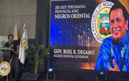 <p><strong>TOP PLUM.</strong> The province of Negros Oriental, represented by Gov. Roel Degamo in this photo taken on Tuesday (Nov. 8, 2022) was awarded the 2021 Best Performing Provincial Anti-Drug Abuse Council in Region 7. Records at the Negros Oriental Provincial Police Office show that in 2021, more than PHP35.7 million in shabu and marijuana were seized in separate operations across the province. <em>(Photo courtesy of the DILG-Negros Oriental)</em></p>