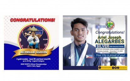 <p><strong>COUNTRY'S PRIDE</strong>. The cities of Sipalay and Victorias in Negros Occidental post congratulatory messages on Facebook to their very own para-athletes Achelle Guion and Ariel Joseph Alegarbes who won medals in recent international competitions. Guion bagged two gold medals during the 2022 World Para Powerlifting African Championships held in Cairo, Egypt, while Alegarbes bagged the silver in the Men’s 50-meter backstroke para-swimming in the ongoing Virtus Oceania Asia Games 2022 in Brisbane, Australia. <br /><em>(Images courtesy of Sipalay City and Victorias City, Negros Occidental)</em></p>