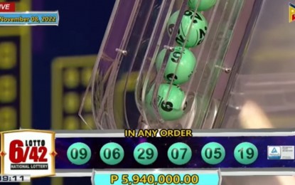 <p><strong>LUCKY PICK.</strong> The winning number combination 09-06-29-07-05-19 from the Lotto 6/42 draw on Tuesday night (Nov. 8, 2022). The PCSO said two bettors won the draw's PHP5.9 million jackpot. <em>(Screengrab from PTV)</em></p>