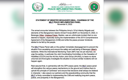<p>Statement of Moro Islamic Liberation Front peace implementing panel chair Mohagher Iqbal on the Basilan encounter incident. <em>(Courtesy of Mohagher Iqbal)</em></p>