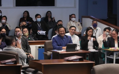 <p><strong>APPROVED.</strong> Sen. JV Ejercito (center) defends the 2023 budget of the Office of the Press Secretary during deliberations on Thursday (Nov. 10, 2022).  The agency thanked the Senate for approving its proposed PHP1.04 billion proposal. <em>(PNA photo by Avito Dalan)</em></p>